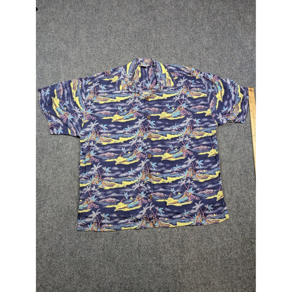 Pineapple Java Shirt Mens Large Blue Rayon Hawaiian Aloha Camp Tropical Resort